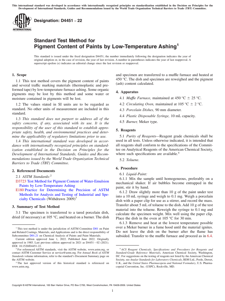 ASTM D4451-22 - Standard Test Method for Pigment Content of Paints by Low-Temperature Ashing