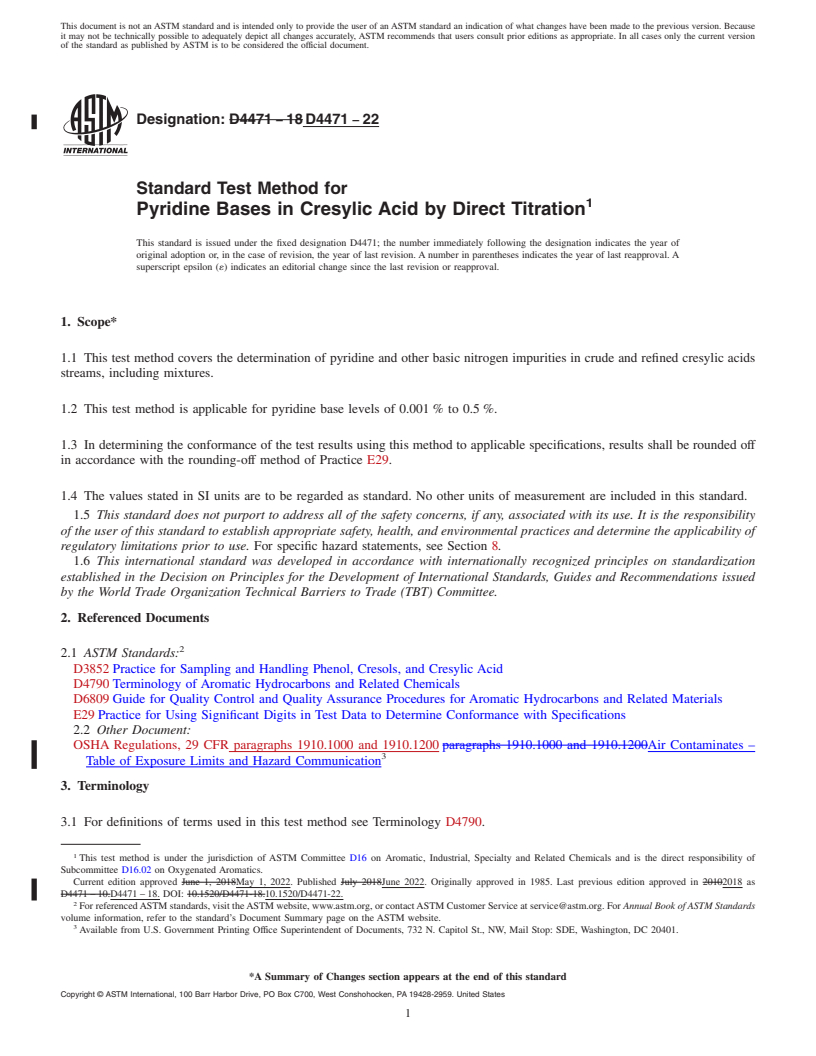 REDLINE ASTM D4471-22 - Standard Test Method for Pyridine Bases in Cresylic Acid by Direct Titration
