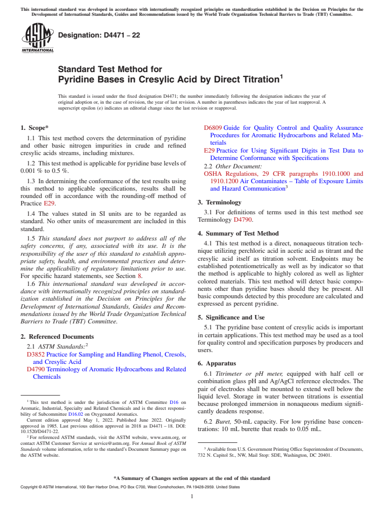 ASTM D4471-22 - Standard Test Method for Pyridine Bases in Cresylic Acid by Direct Titration