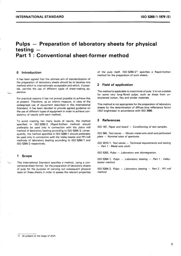 ISO 5269-1:1979 - Pulps -- Preparation of laboratory sheets for physical testing