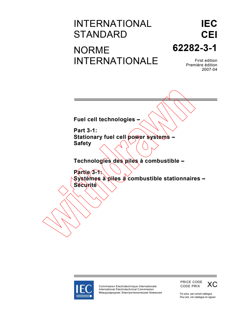 IEC 62282-3-1:2007 - Fuel cell technologies - Part 3-1: Stationary fuel cell power systems - Safety
Released:4/24/2007
Isbn:2831891078