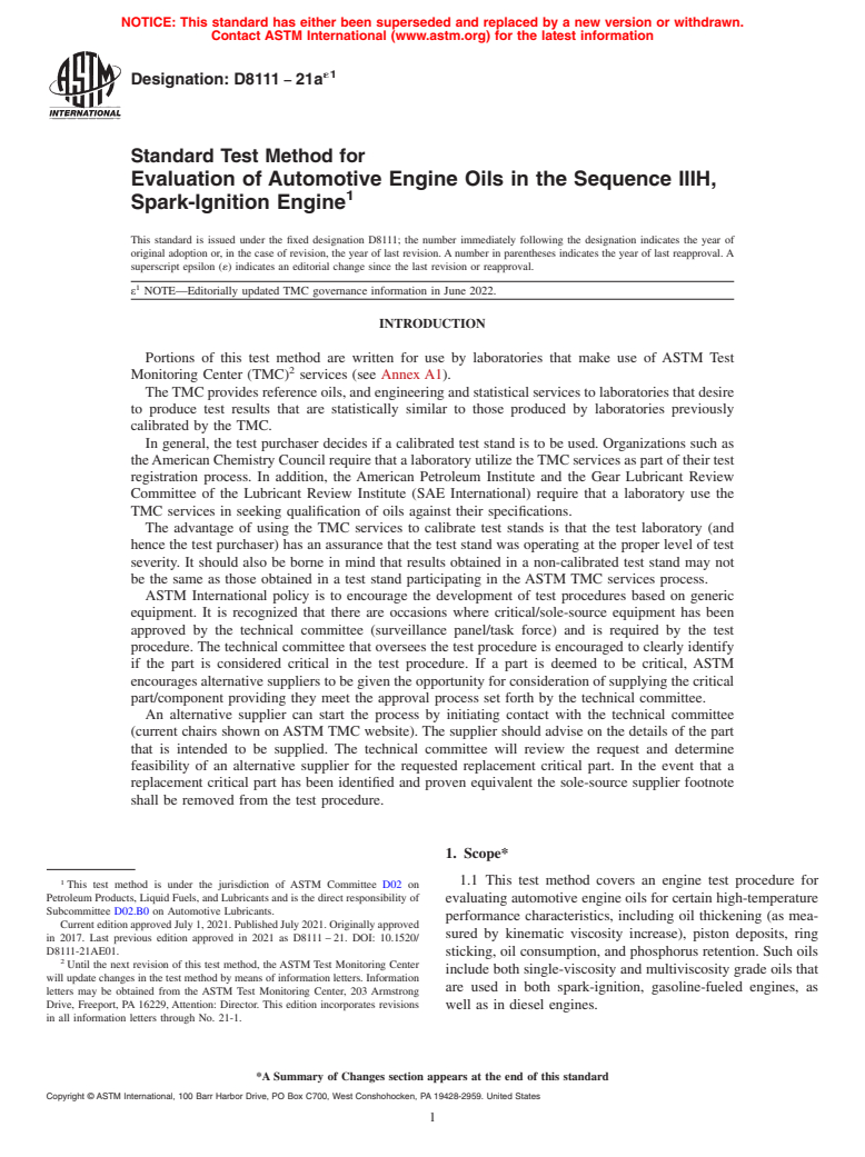 ASTM D8111-21ae1 - Standard Test Method for Evaluation of Automotive Engine Oils in the Sequence IIIH,  Spark-Ignition Engine