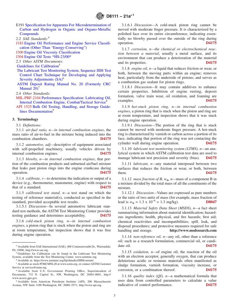 ASTM D8111-21ae1 - Standard Test Method for Evaluation of Automotive Engine Oils in the Sequence IIIH,  Spark-Ignition Engine