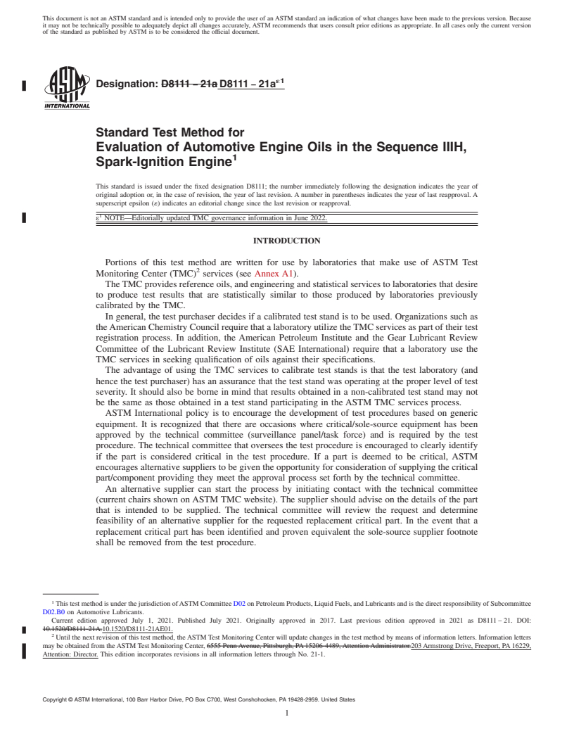 REDLINE ASTM D8111-21ae1 - Standard Test Method for Evaluation of Automotive Engine Oils in the Sequence IIIH,  Spark-Ignition Engine