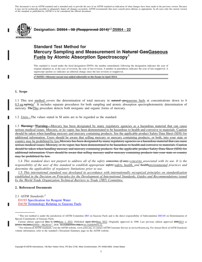 REDLINE ASTM D5954-22 - Standard Test Method for  Mercury Sampling and Measurement in Gaseous Fuels by Atomic  Absorption Spectroscopy