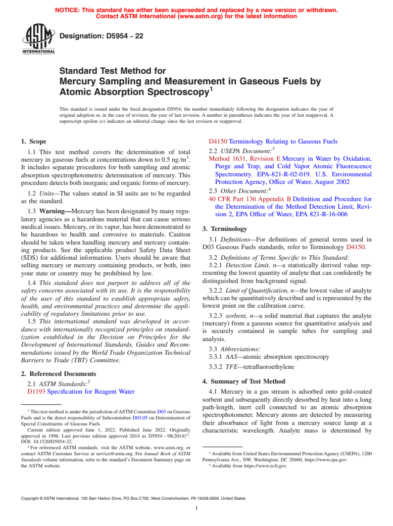 ASTM D5954-22 - Standard Test Method for  Mercury Sampling and Measurement in Gaseous Fuels by Atomic  Absorption Spectroscopy