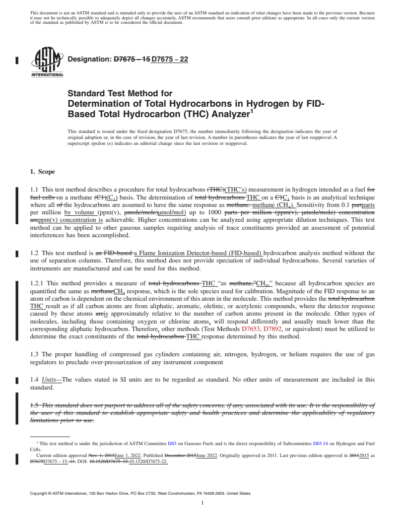 REDLINE ASTM D7675-22 - Standard Test Method for  Determination of Total Hydrocarbons in Hydrogen by FID-Based  Total Hydrocarbon (THC) Analyzer