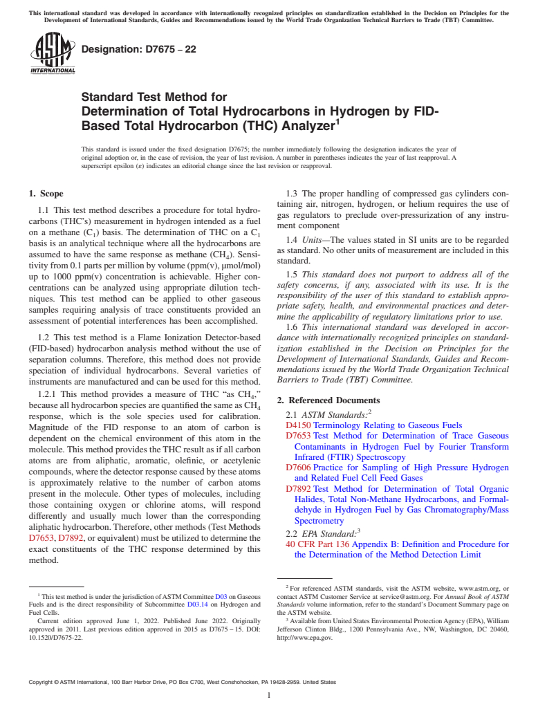 ASTM D7675-22 - Standard Test Method for  Determination of Total Hydrocarbons in Hydrogen by FID-Based  Total Hydrocarbon (THC) Analyzer