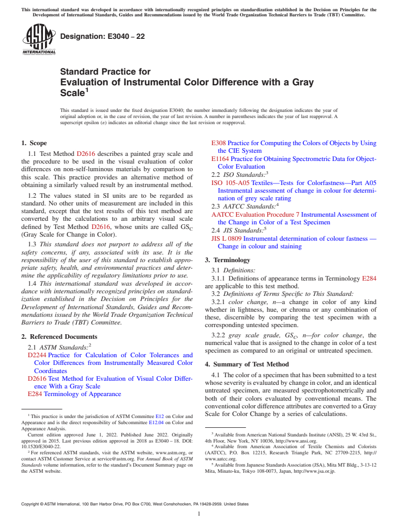 ASTM E3040-22 - Standard Practice for Evaluation of Instrumental Color Difference with a Gray Scale