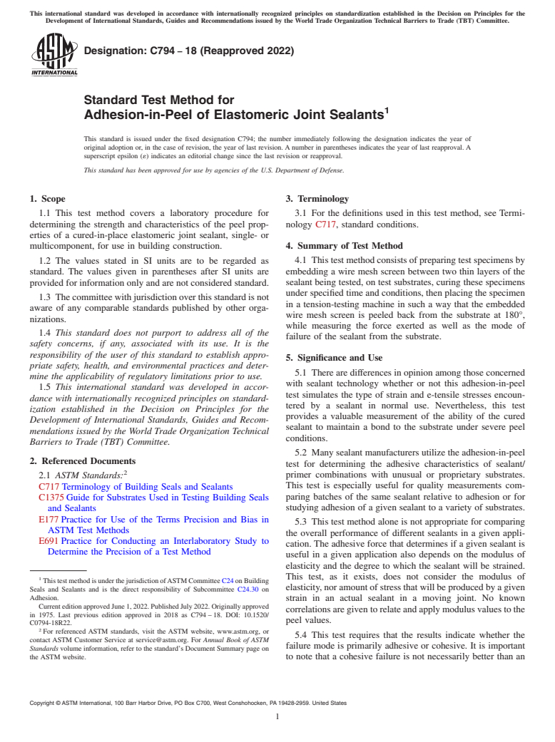 ASTM C794-18(2022) - Standard Test Method for  Adhesion-in-Peel of Elastomeric Joint Sealants