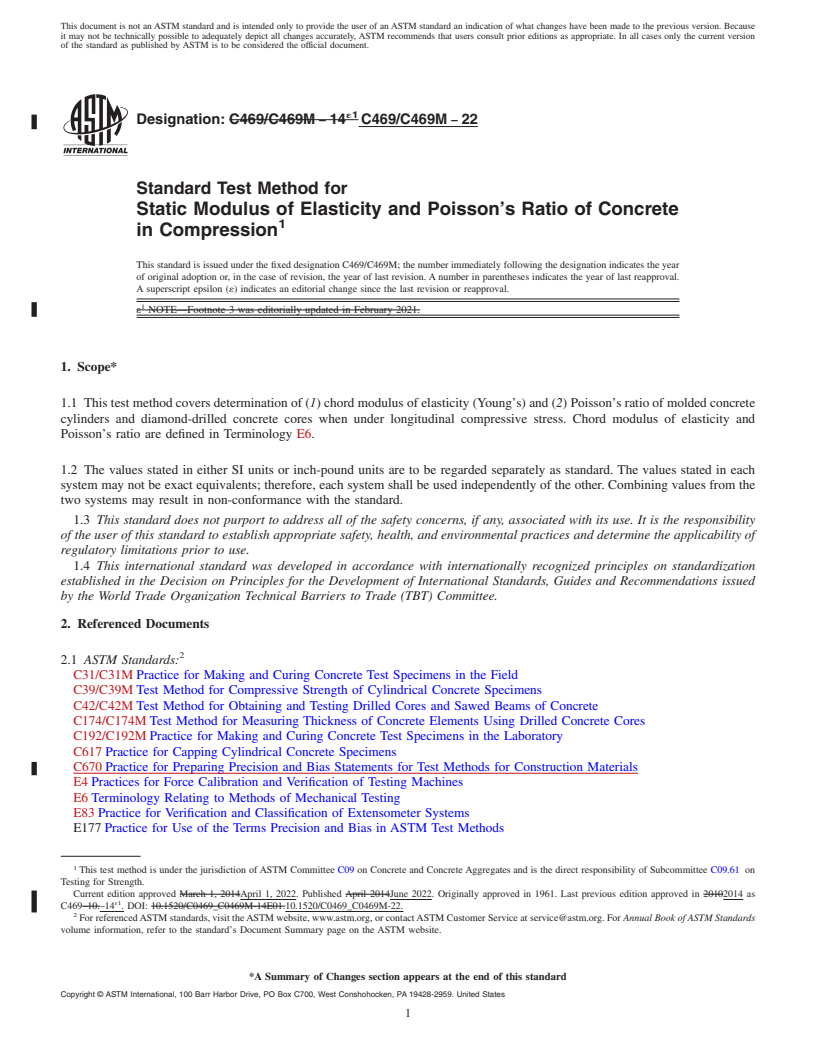 REDLINE ASTM C469/C469M-22 - Standard Test Method for  Static Modulus of Elasticity and Poisson's Ratio of Concrete  in Compression