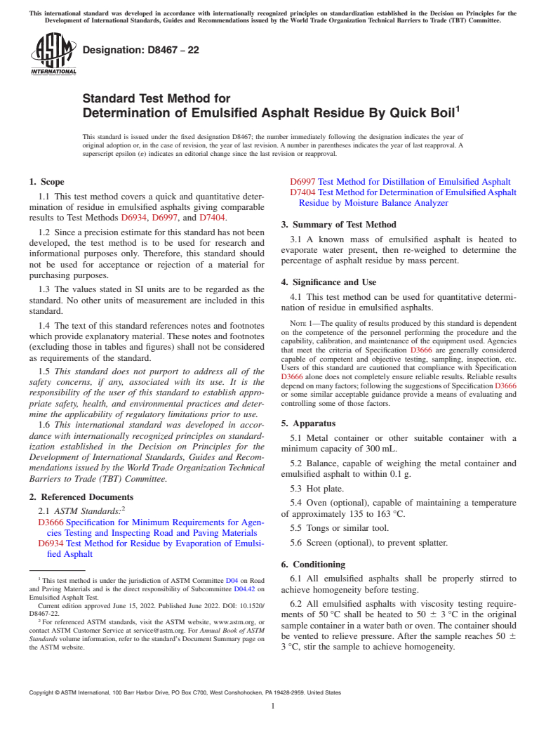 ASTM D8467-22 - Standard Test Method for Determination of Emulsified Asphalt Residue By Quick Boil