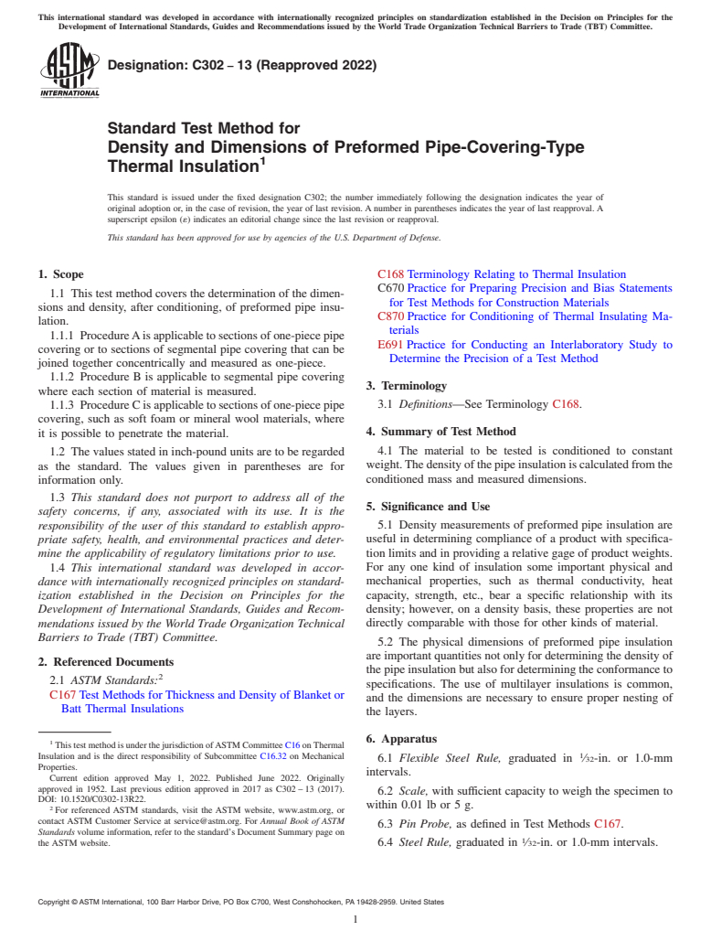 ASTM C302-13(2022) - Standard Test Method for  Density and Dimensions of Preformed Pipe-Covering-Type Thermal  Insulation