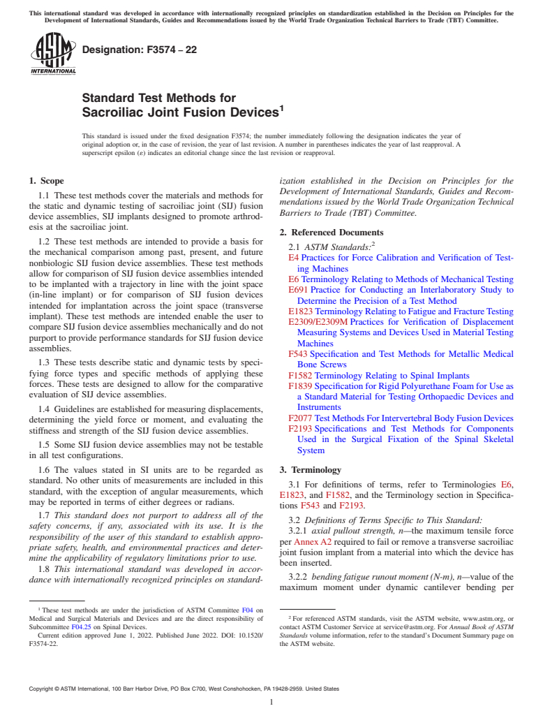 ASTM F3574-22 - Standard Test Methods for Sacroiliac Joint Fusion Devices