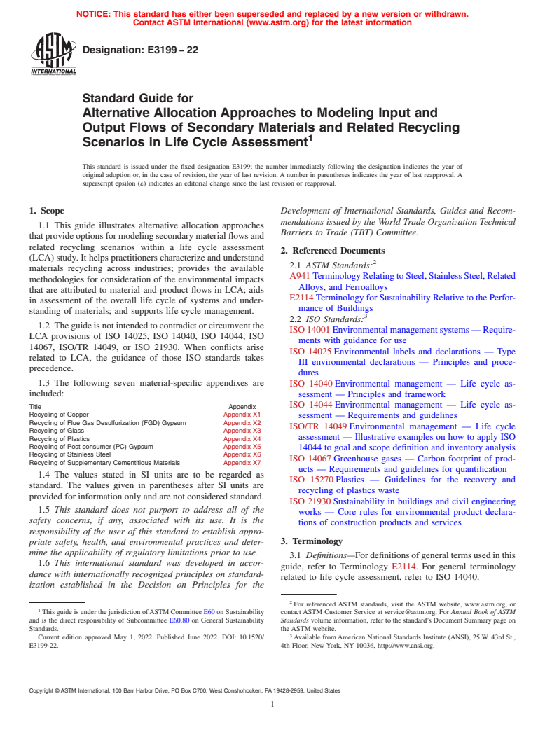 ASTM E3199-22 - Standard Guide for Alternative Allocation Approaches to Modeling Input and Output  Flows of Secondary Materials and Related Recycling Scenarios in Life  Cycle Assessment