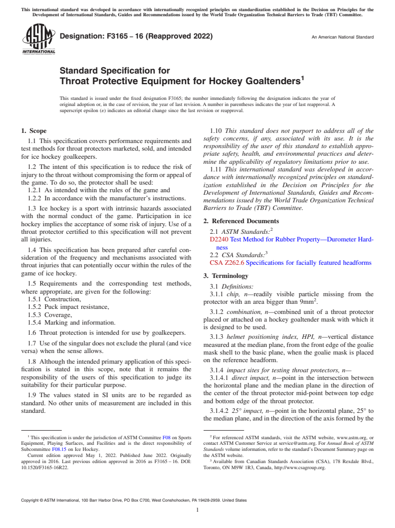 ASTM F3165-16(2022) - Standard Specification for Throat Protective Equipment for Hockey Goaltenders