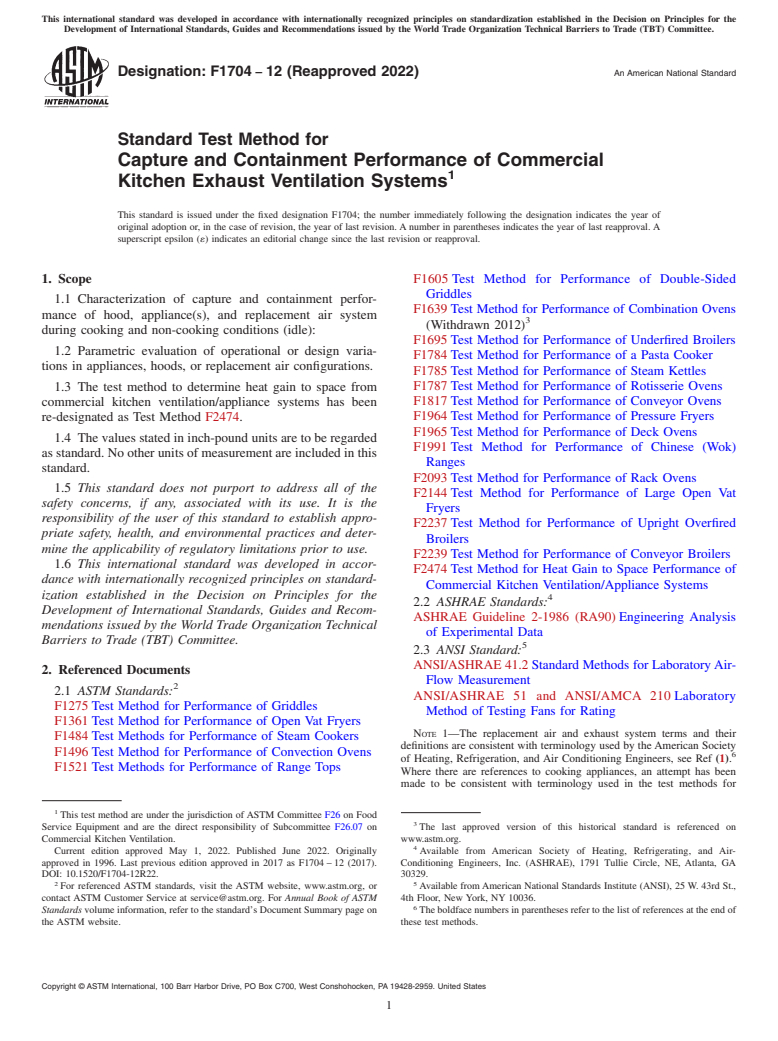 ASTM F1704-12(2022) - Standard Test Method for  Capture and Containment Performance of Commercial Kitchen Exhaust  Ventilation Systems