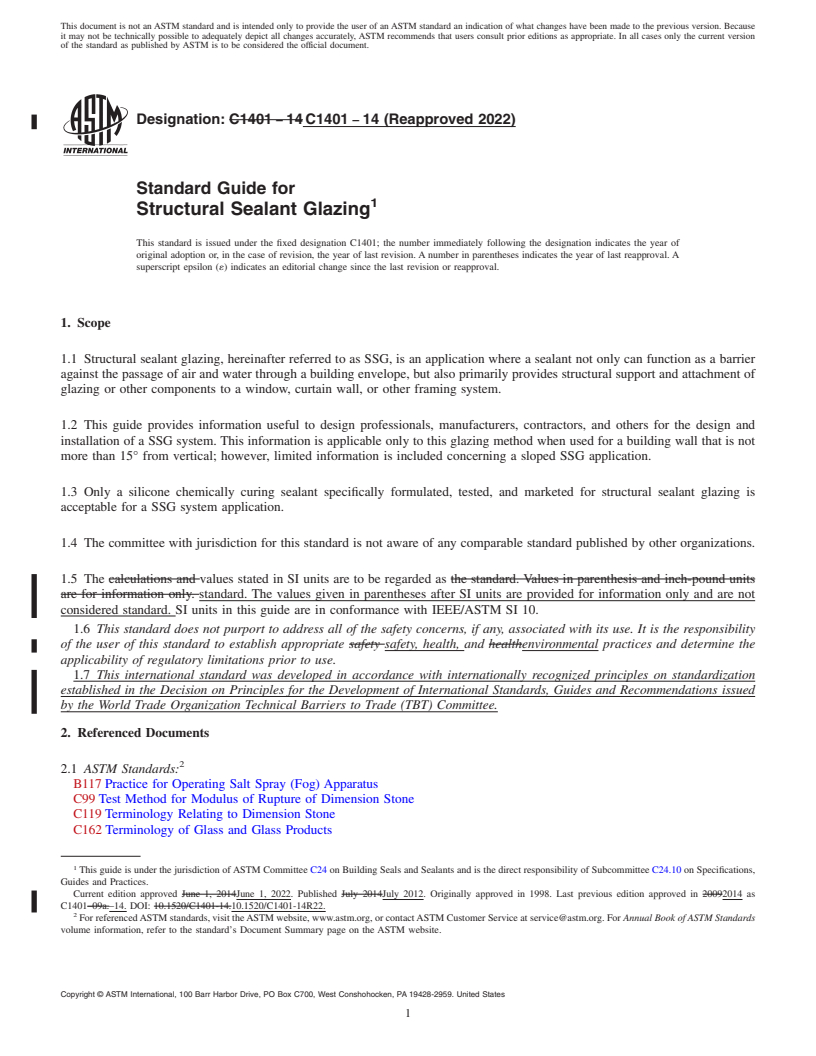 REDLINE ASTM C1401-14(2022) - Standard Guide for  Structural Sealant Glazing