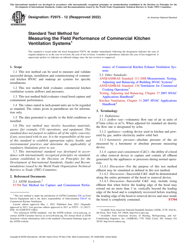 ASTM F2975-12(2022) - Standard Test Method for Measuring the Field Performance of Commercial Kitchen Ventilation  Systems