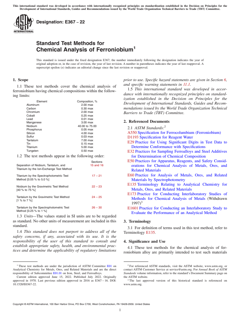 ASTM E367-22 - Standard Test Methods for  Chemical Analysis of Ferroniobium