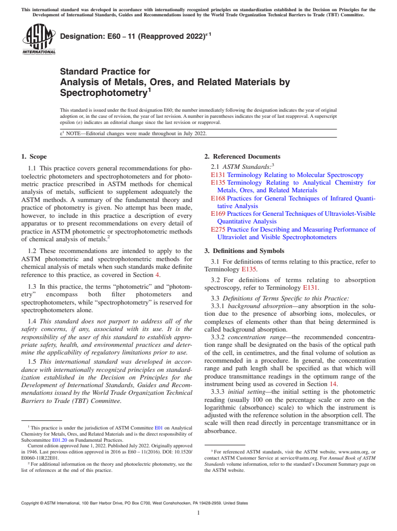 ASTM E60-11(2022)e1 - Standard Practice for  Analysis of Metals, Ores, and Related Materials by Spectrophotometry