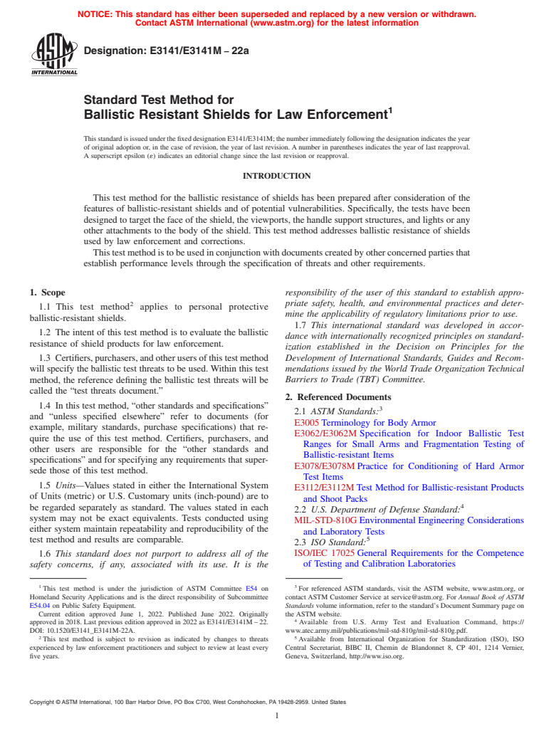 ASTM E3141/E3141M-22a - Standard Test Method for Ballistic Resistant Shields for Law Enforcement