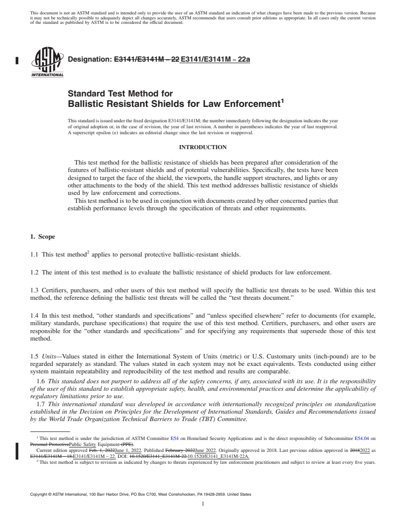 REDLINE ASTM E3141/E3141M-22a - Standard Test Method for Ballistic Resistant Shields for Law Enforcement