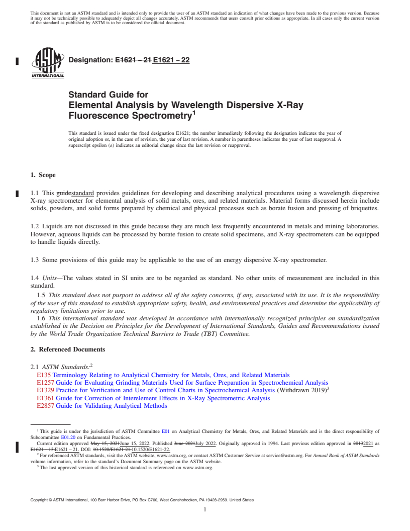 REDLINE ASTM E1621-22 - Standard Guide for  Elemental Analysis by Wavelength Dispersive X-Ray Fluorescence  Spectrometry