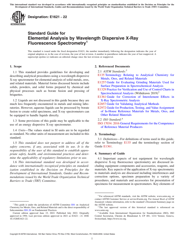 ASTM E1621-22 - Standard Guide for  Elemental Analysis by Wavelength Dispersive X-Ray Fluorescence  Spectrometry