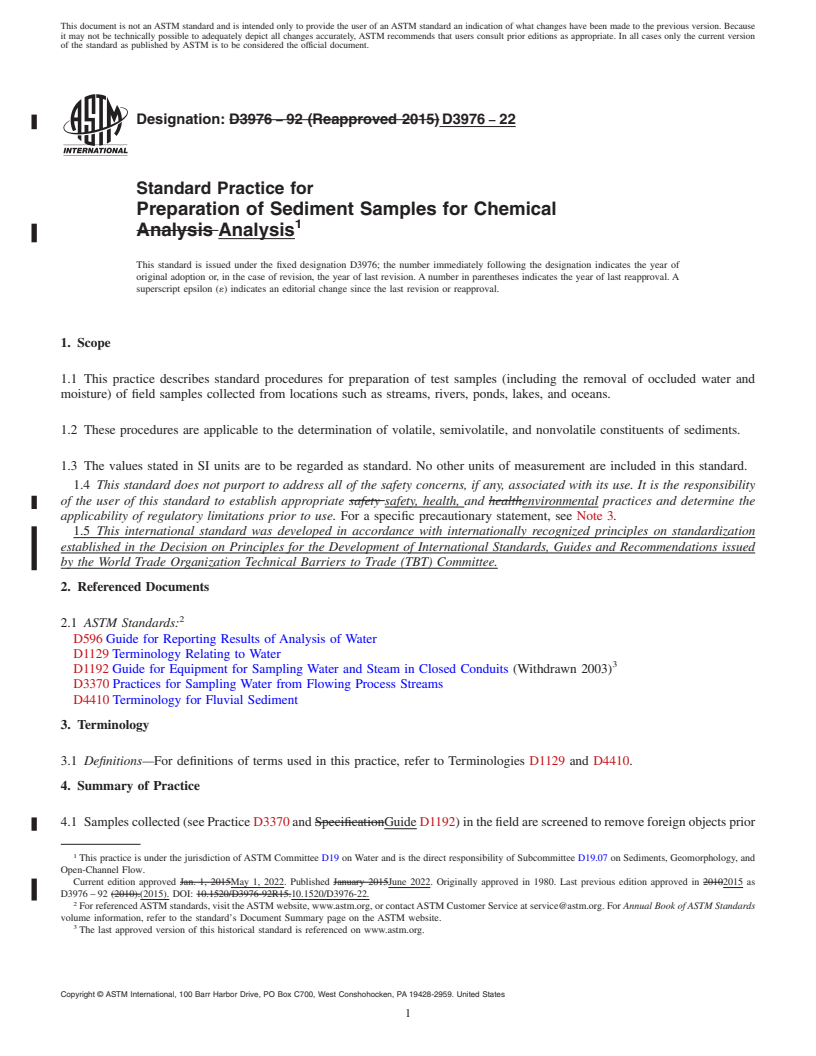 REDLINE ASTM D3976-22 - Standard Practice for  Preparation of Sediment Samples for Chemical Analysis