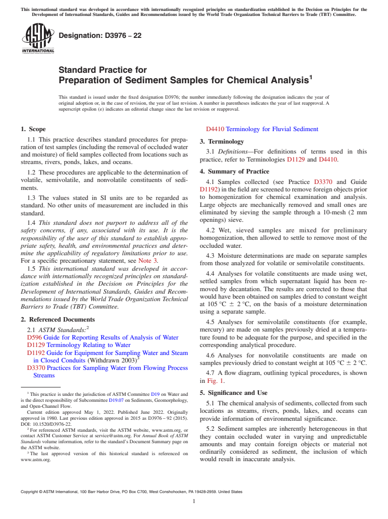 ASTM D3976-22 - Standard Practice for  Preparation of Sediment Samples for Chemical Analysis