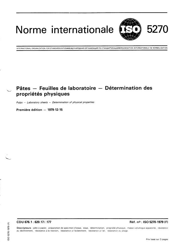 ISO 5270:1979 - Pâtes -- Feuilles de laboratoire -- Détermination des propriétés physiques