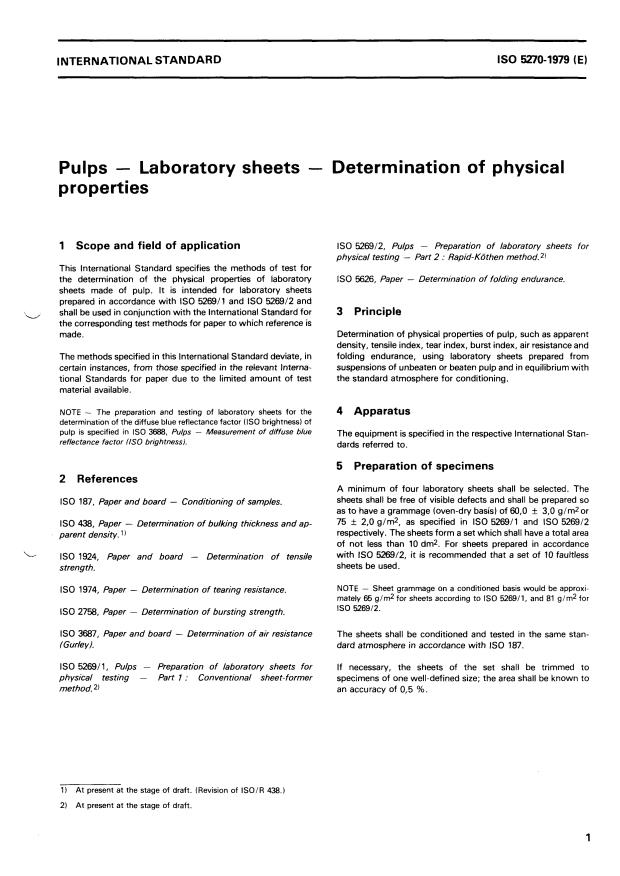 ISO 5270:1979 - Pulps -- Laboratory sheets -- Determination of physical properties