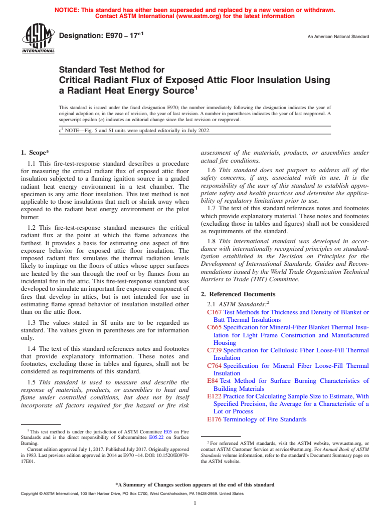 ASTM E970-17e1 - Standard Test Method for  Critical Radiant Flux of Exposed Attic Floor Insulation Using  a Radiant Heat Energy Source