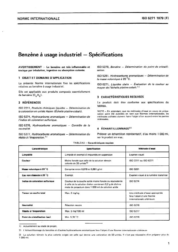 ISO 5271:1979 - Benzene a usage industriel -- Spécifications