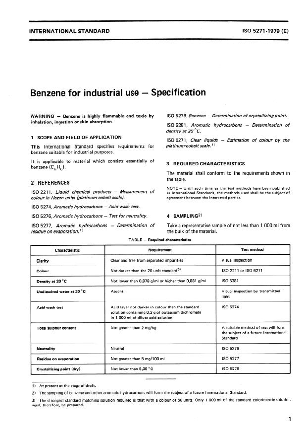 ISO 5271:1979 - Benzene for industrial use -- Specification