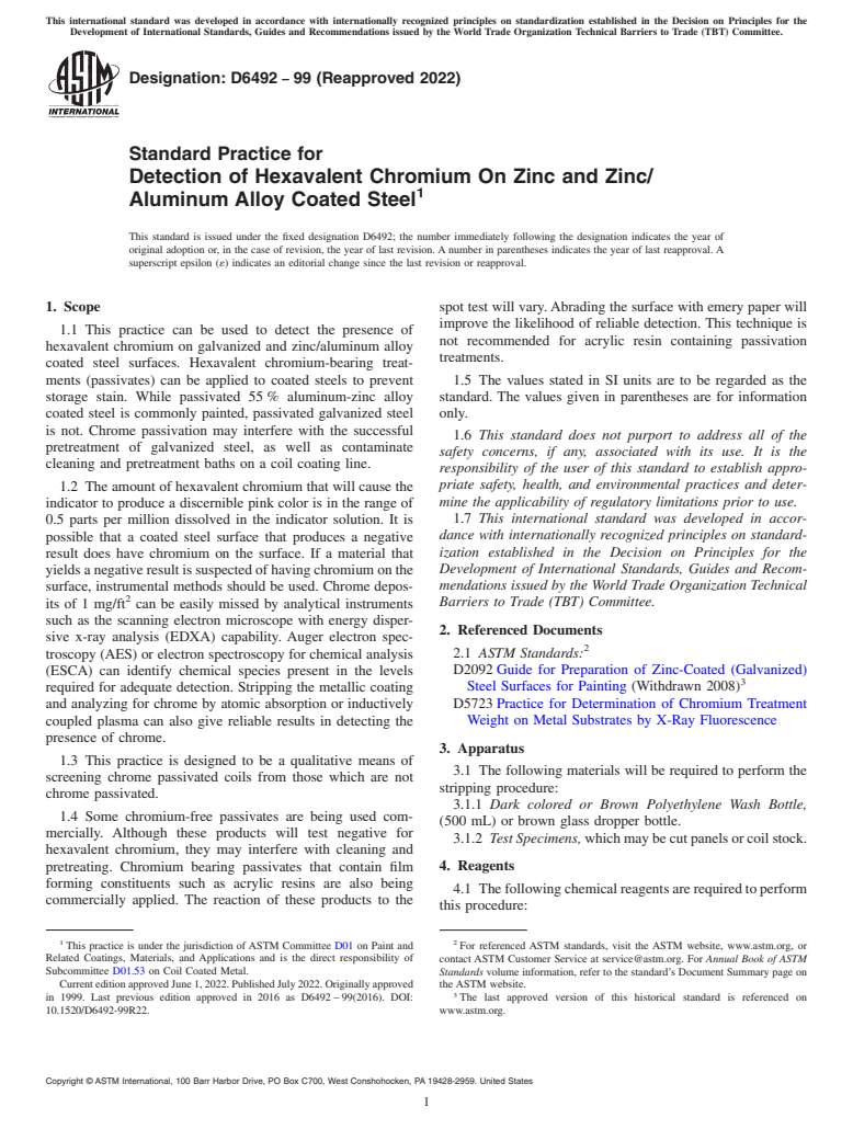 ASTM D6492-99(2022) - Standard Practice for Detection of Hexavalent Chromium On Zinc and Zinc/Aluminum   Alloy Coated  Steel