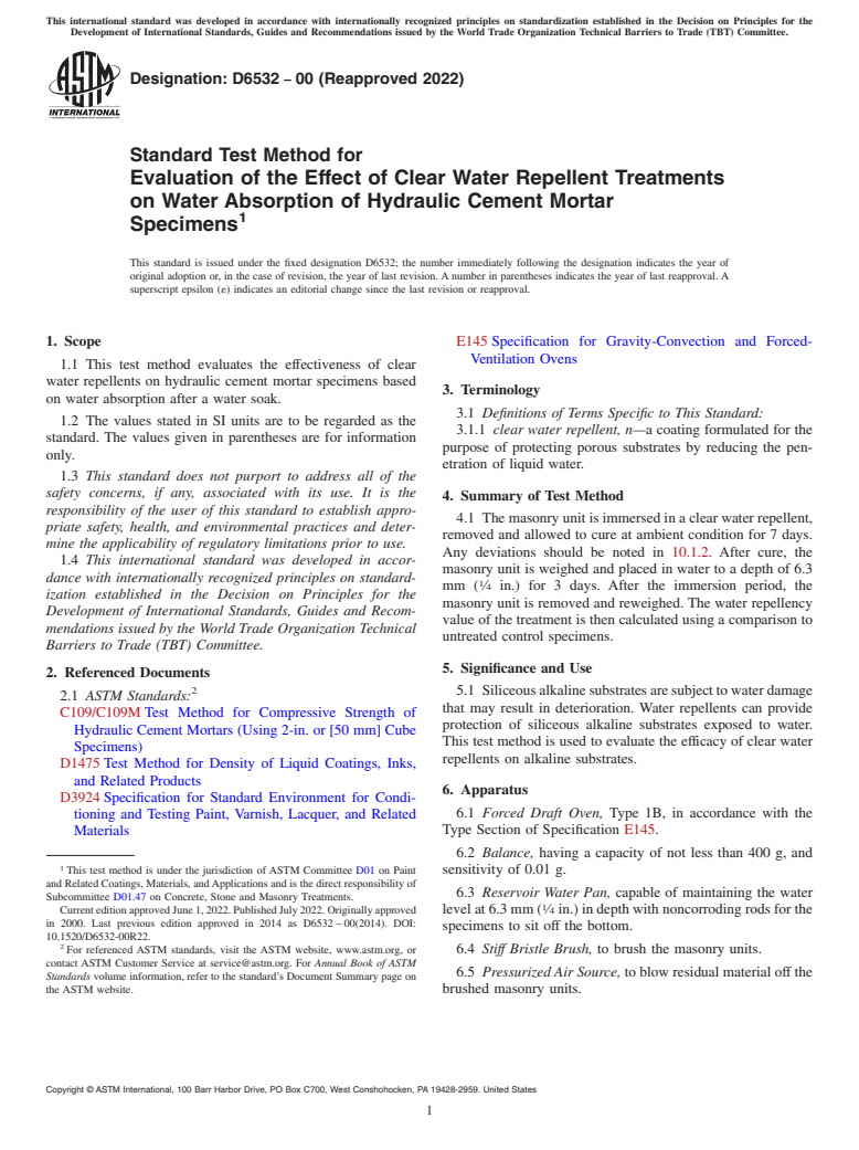 ASTM D6532-00(2022) - Standard Test Method for Evaluation of the Effect of Clear Water Repellent Treatments  on Water    Absorption of Hydraulic Cement Mortar Specimens