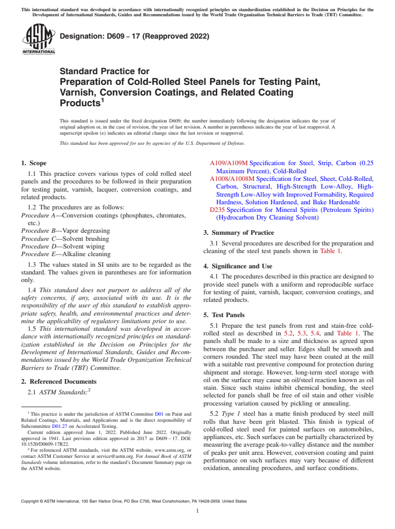 ASTM D609-17(2022) - Standard Practice for Preparation of Cold-Rolled Steel Panels for Testing Paint,   Varnish,   Conversion Coatings, and Related Coating Products