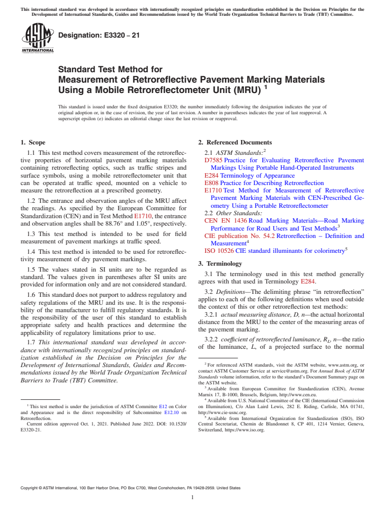 ASTM E3320-21 - Standard Test Method for Measurement of Retroreflective Pavement Marking Materials   Using a Mobile Retroreflectometer Unit (MRU)