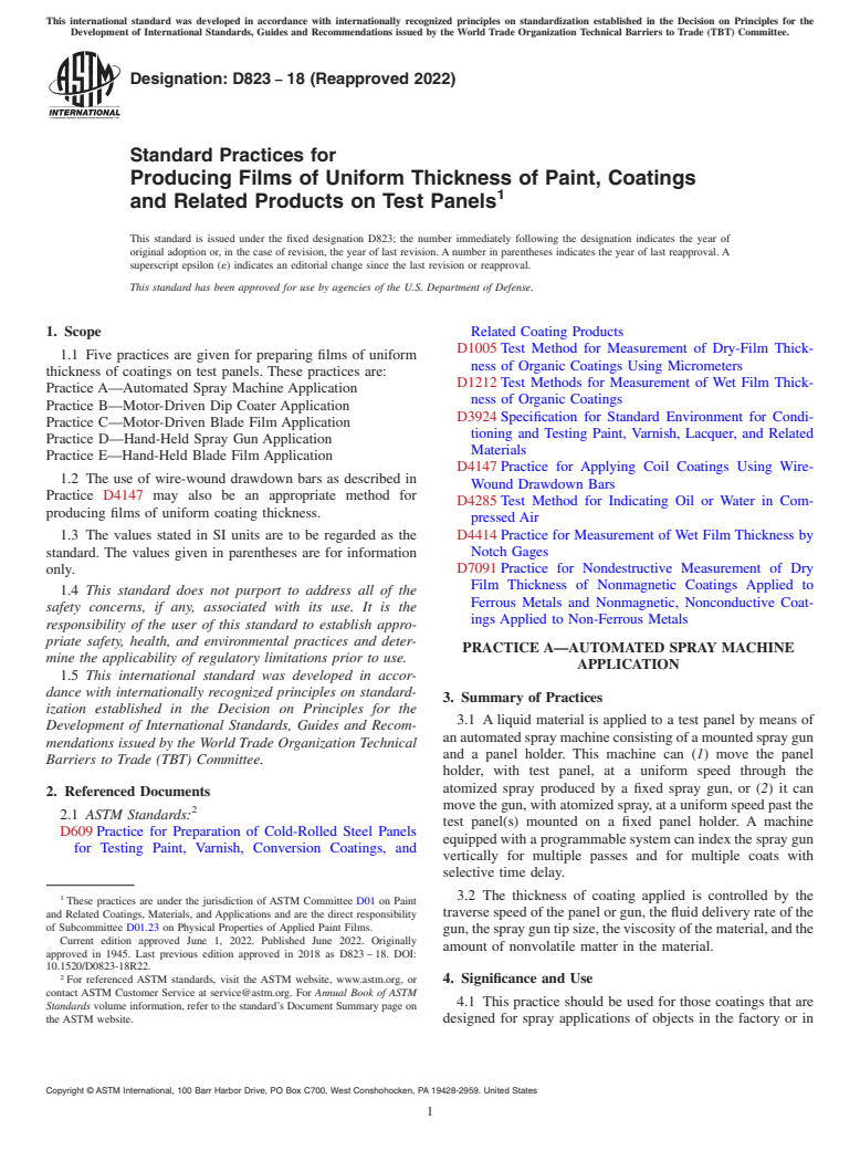 ASTM D823-18(2022) - Standard Practices for Producing Films of Uniform Thickness of Paint, Coatings and  Related   Products on Test Panels