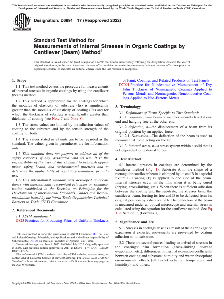 ASTM D6991-17(2022) - Standard Test Method for Measurements of Internal Stresses in Organic Coatings by Cantilever (Beam) Method