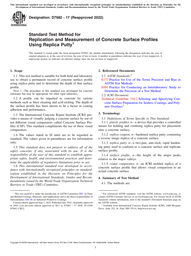 ASTM D7682-17(2022) - Standard Test Method for Replication and Measurement of Concrete Surface Profiles Using   Replica Putty