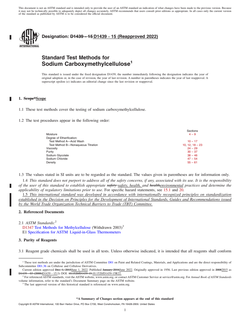 REDLINE ASTM D1439-15(2022) - Standard Test Methods for Sodium Carboxymethylcellulose