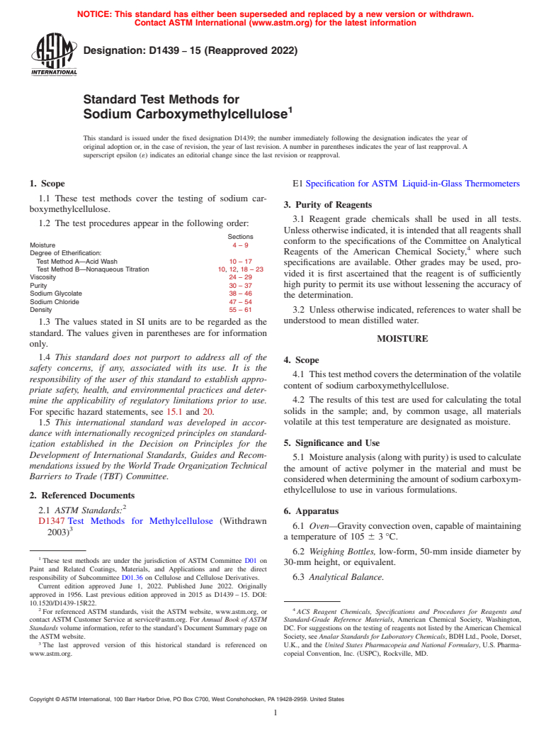 ASTM D1439-15(2022) - Standard Test Methods for Sodium Carboxymethylcellulose