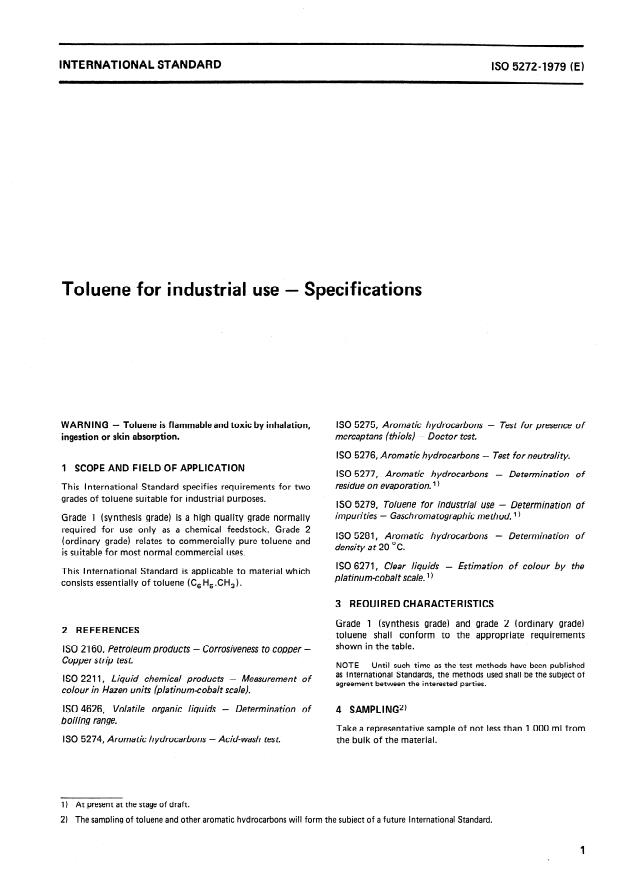 ISO 5272:1979 - Toluene for industrial use -- Specifications