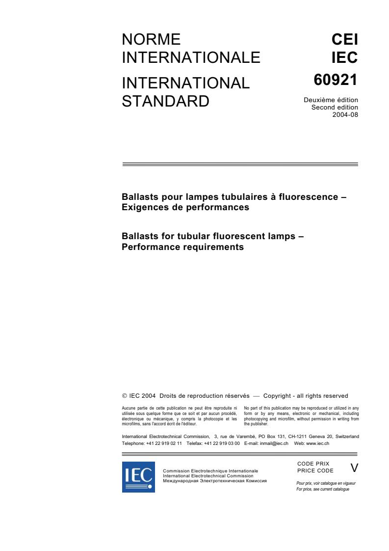 IEC 60921:2004 - Ballasts for tubular fluorescent lamps - Performance requirements
