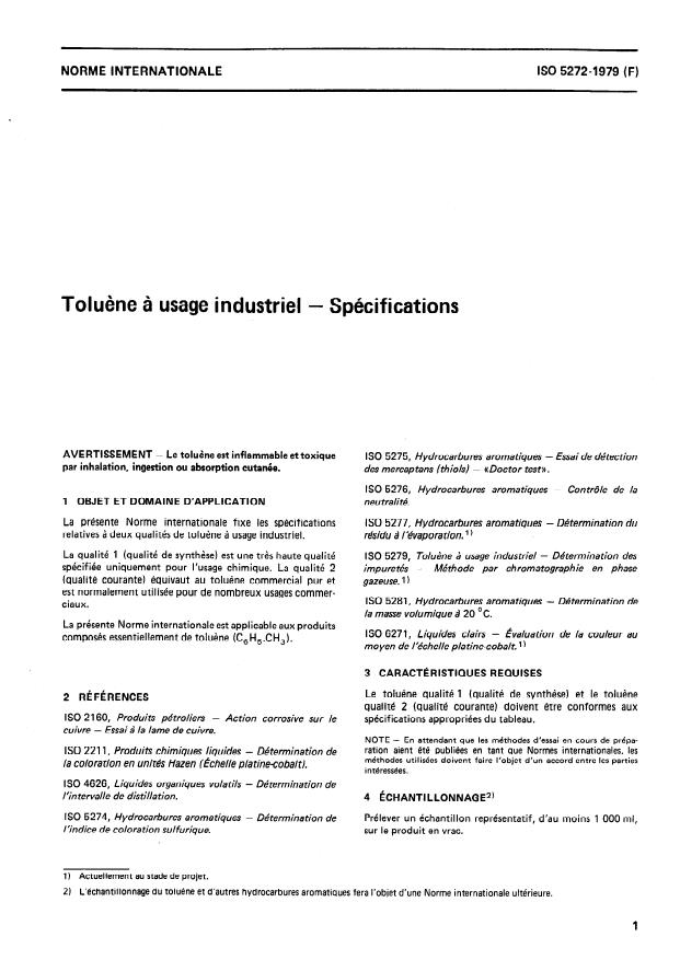 ISO 5272:1979 - Toluene a usage industriel -- Spécifications