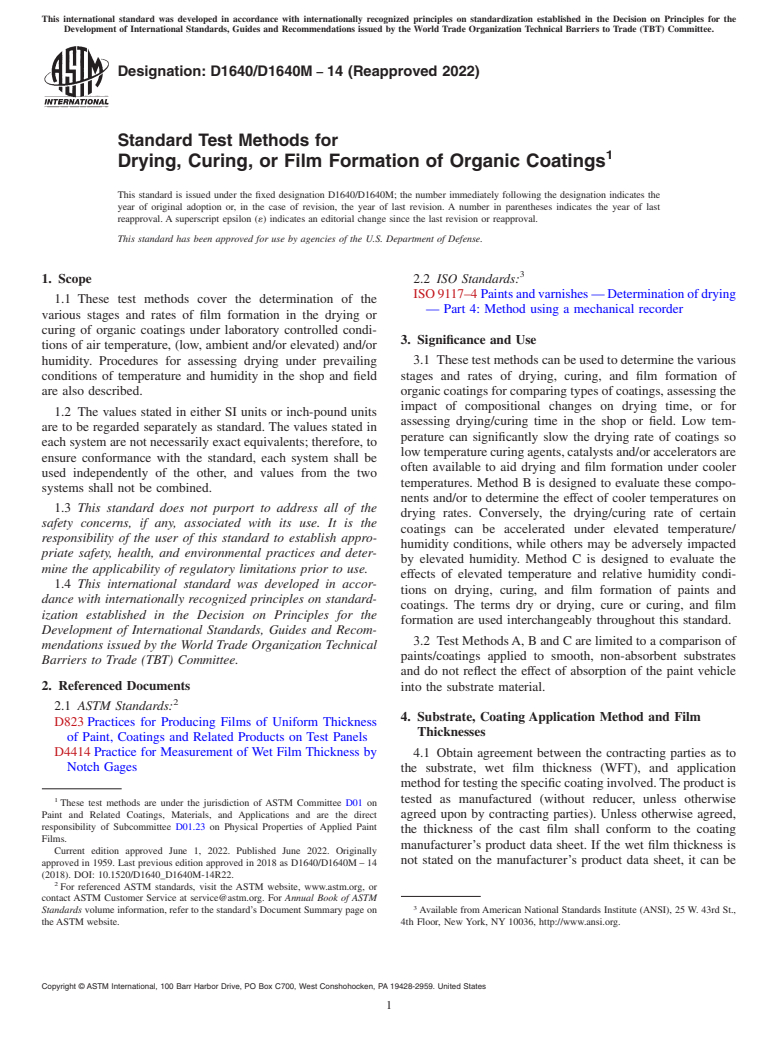 ASTM D1640/D1640M-14(2022) - Standard Test Methods for Drying, Curing, or Film Formation of Organic Coatings