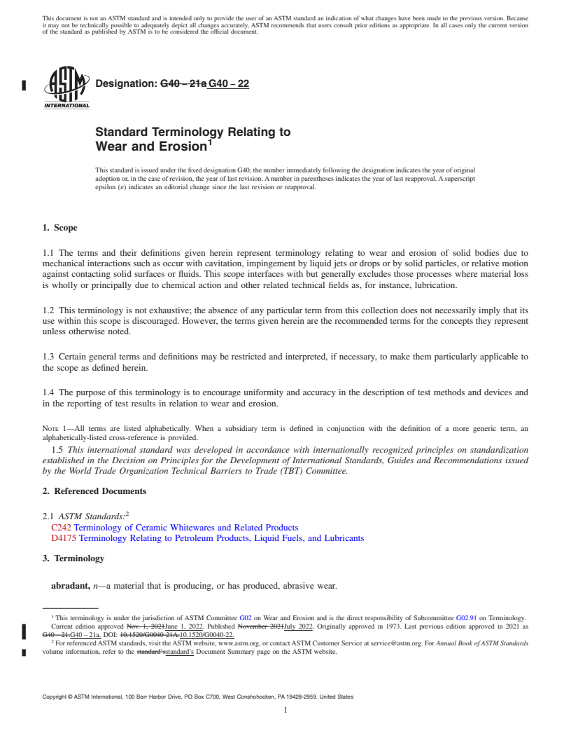 REDLINE ASTM G40-22 - Standard Terminology Relating to Wear and Erosion